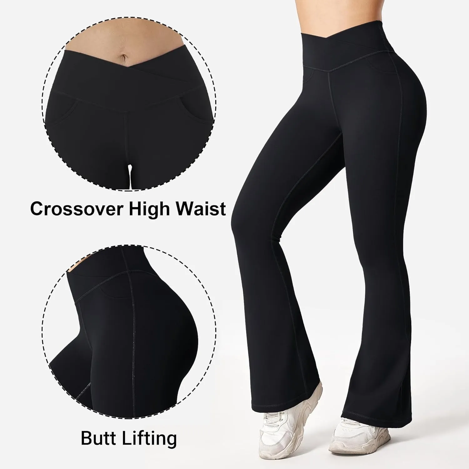 BOOVET Women's Flare Yoga Pants with Pockets Crossover High Waisted Bootcut Flare Yoga Leggings Tummy Control Workout Pants