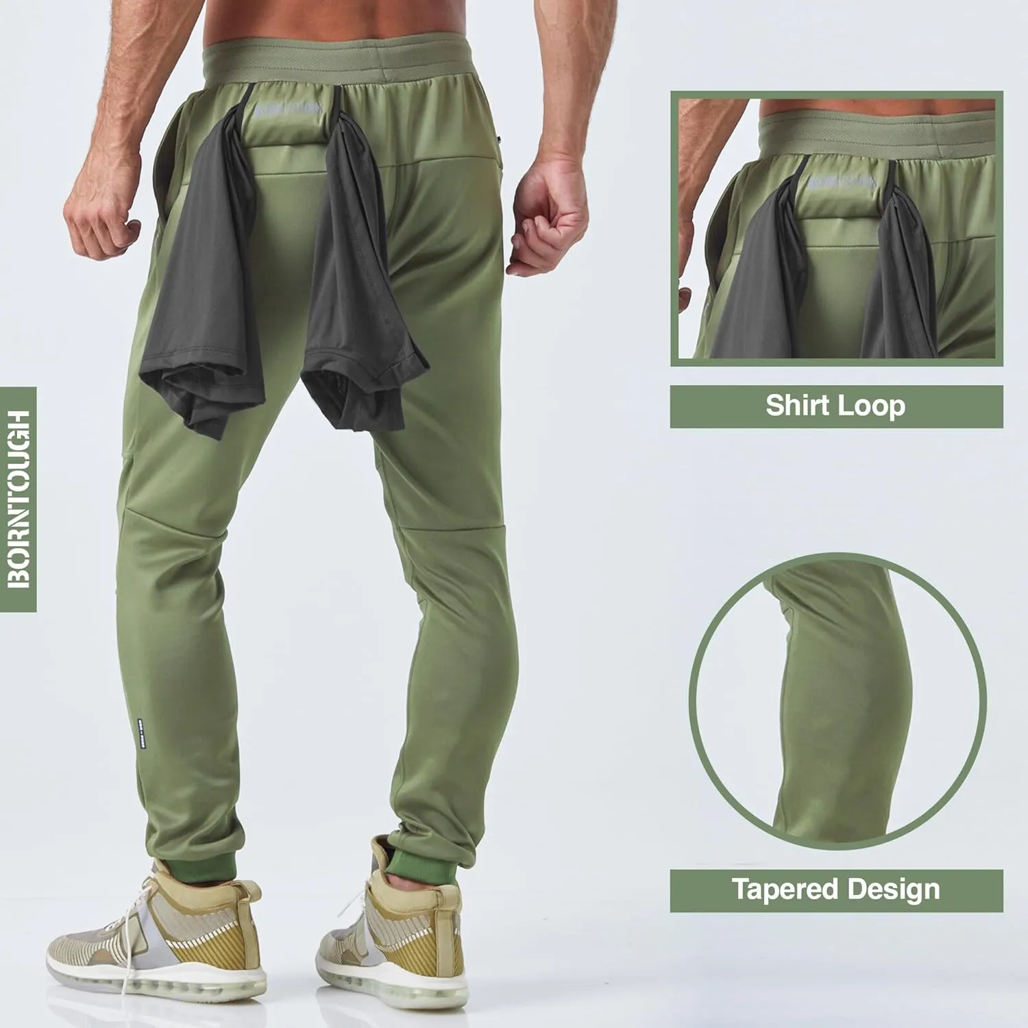 Born Tough Slim-Fit Mens Workout Joggers Pants, Tapered Bodybuilding Gym Joggers, Athletic Running Sweatpants Zipper Pockets