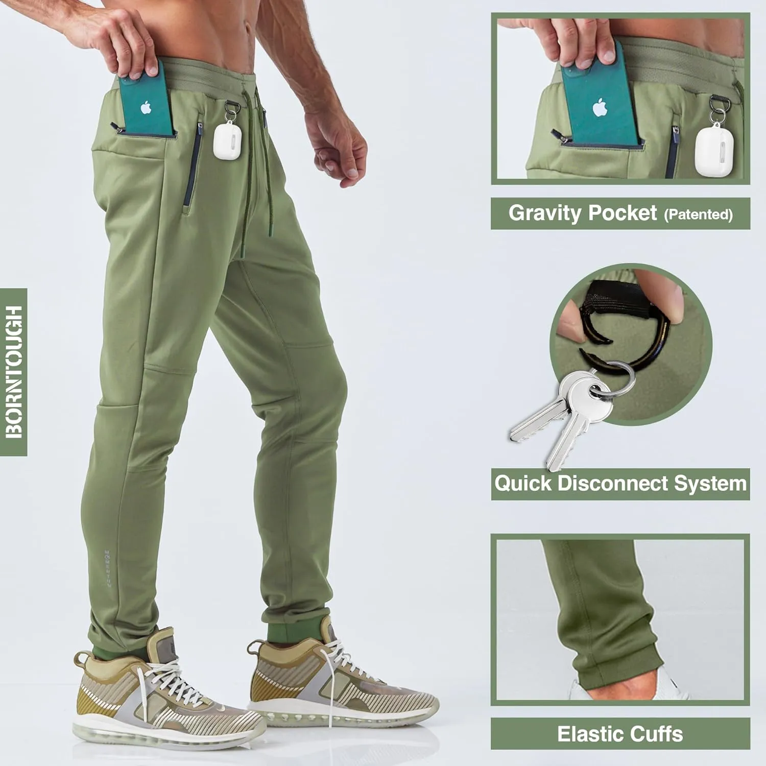 Born Tough Slim-Fit Mens Workout Joggers Pants, Tapered Bodybuilding Gym Joggers, Athletic Running Sweatpants Zipper Pockets
