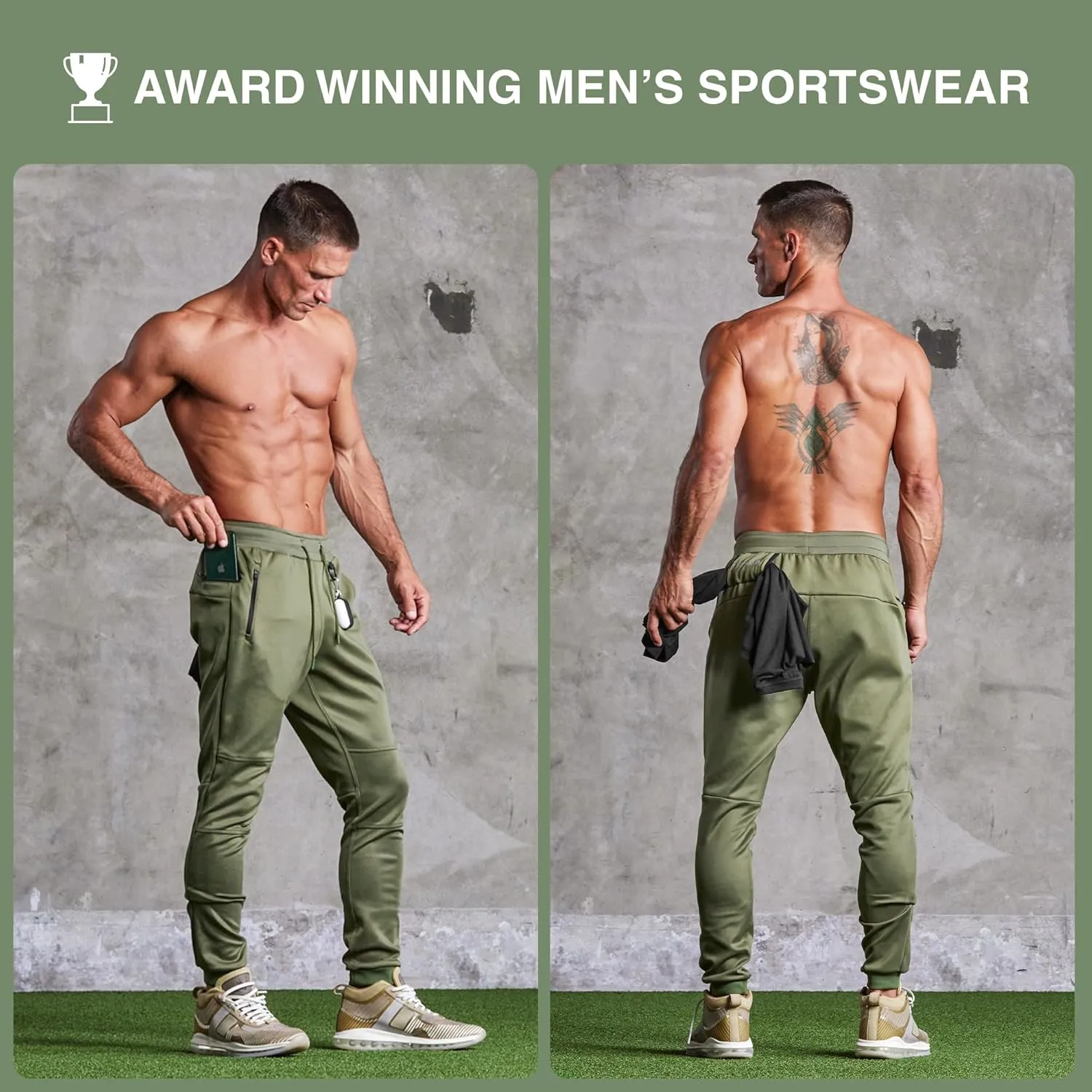 Born Tough Slim-Fit Mens Workout Joggers Pants, Tapered Bodybuilding Gym Joggers, Athletic Running Sweatpants Zipper Pockets