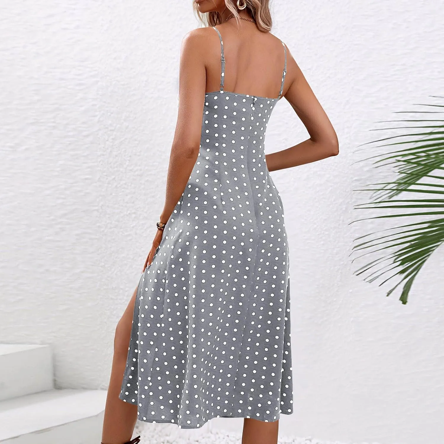 Borniu Spaghetti Strap Dresses for Women Polka Dot Midi Dress Sleeveless Slit Summer Sundress Beach Vacation Sexy Outfits