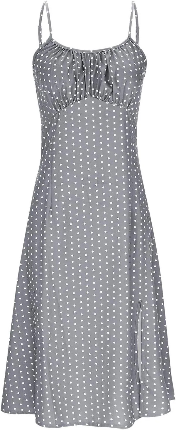Borniu Spaghetti Strap Dresses for Women Polka Dot Midi Dress Sleeveless Slit Summer Sundress Beach Vacation Sexy Outfits