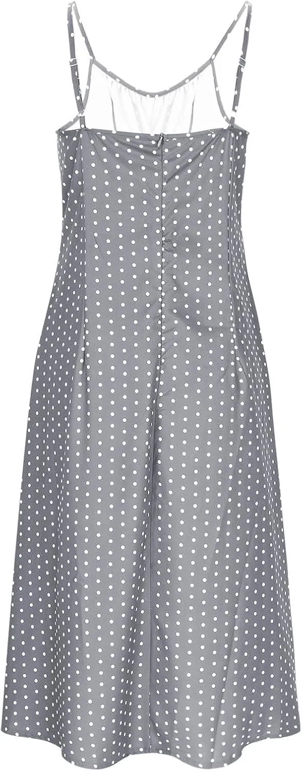 Borniu Spaghetti Strap Dresses for Women Polka Dot Midi Dress Sleeveless Slit Summer Sundress Beach Vacation Sexy Outfits
