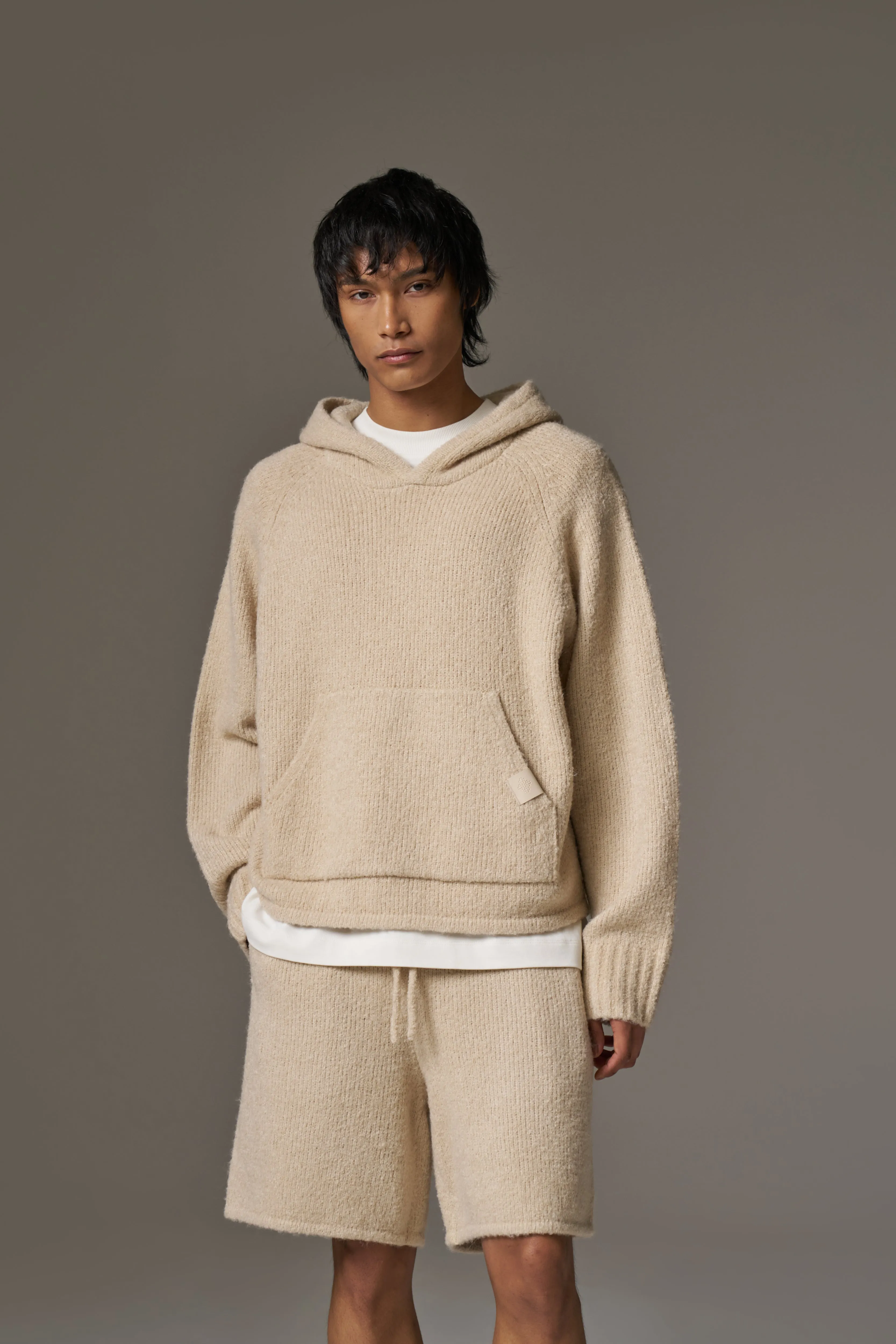 BOUCLE KNIT HOODIE - STONE