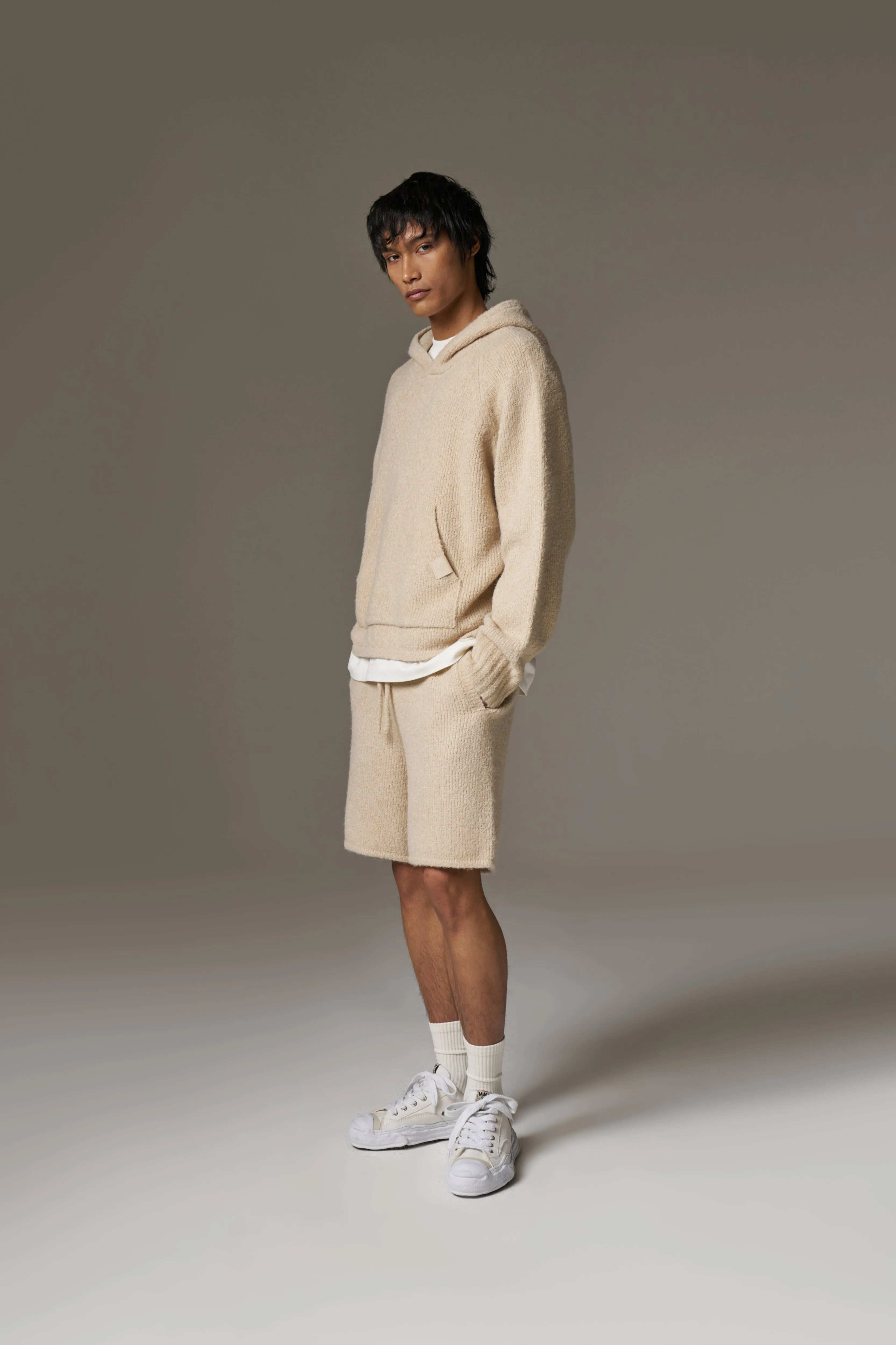 BOUCLE KNIT HOODIE - STONE
