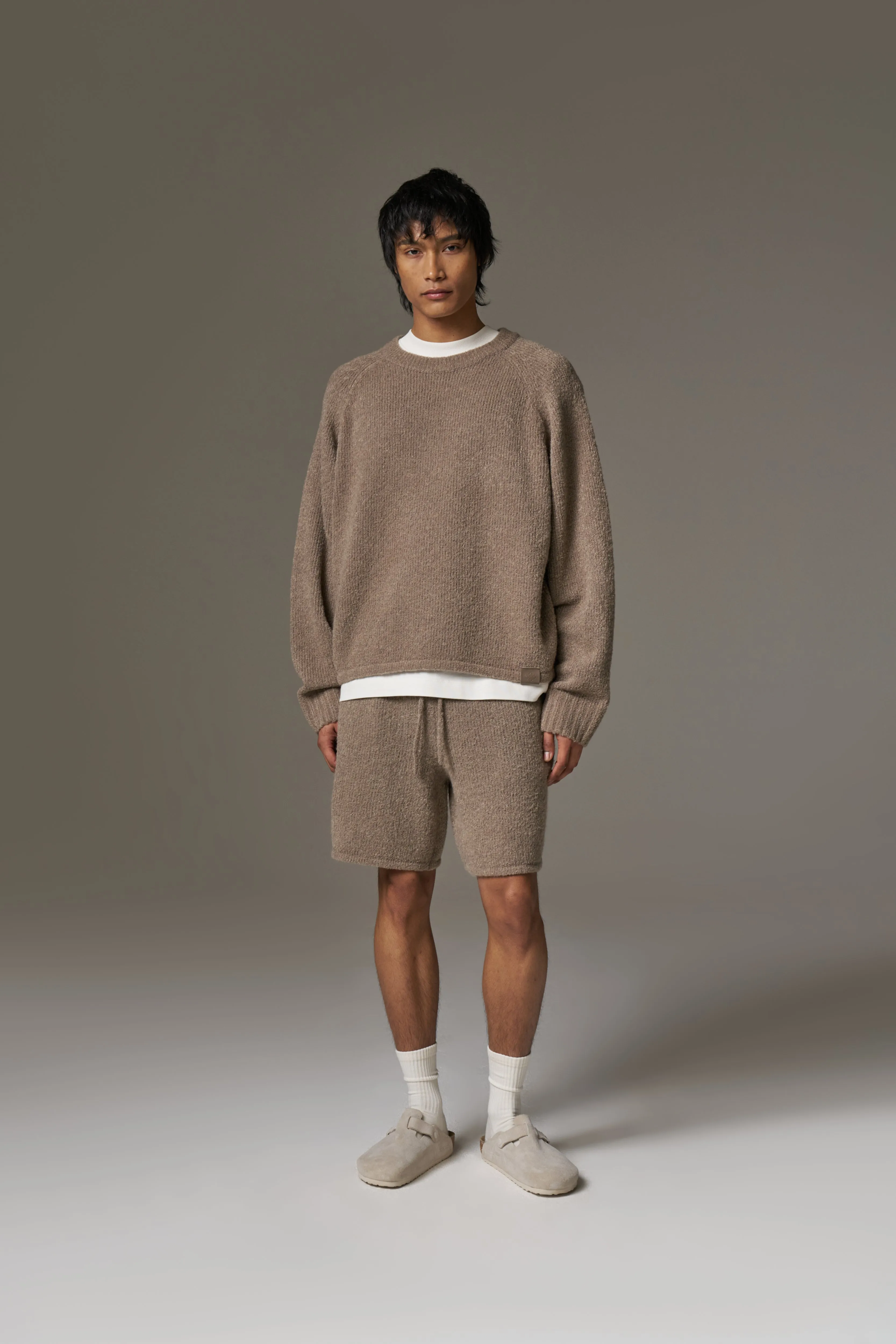 BOUCLE KNIT RAGLAN CREW - BROWN