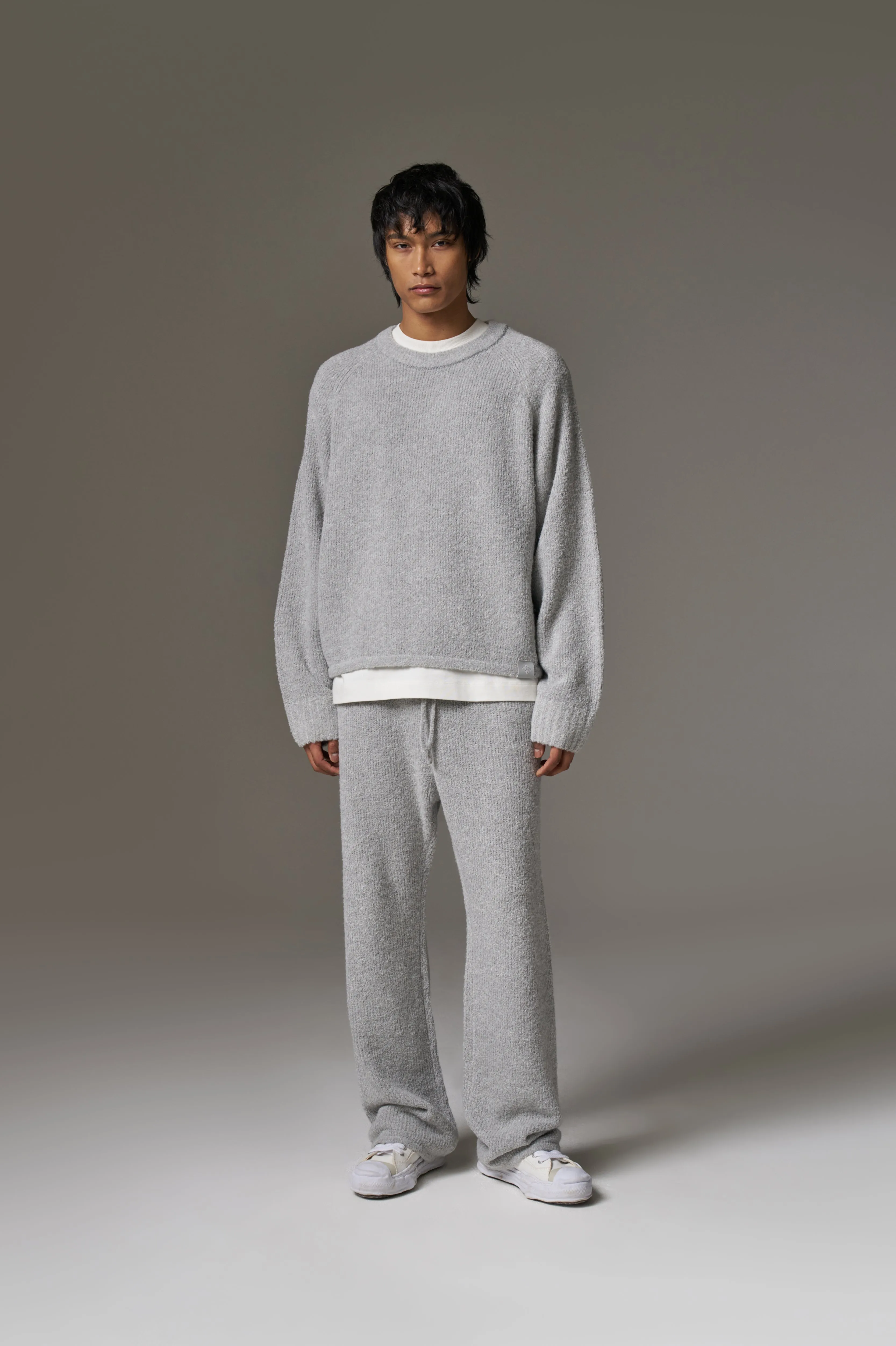 BOUCLE KNIT RAGLAN CREW - GREY MARL