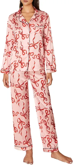 Bow Pajamas for Women Long Sleeve Button Down Shirt Wide Leg Pants Holiday Cute 2 Piece Silk Sleepwear Sets