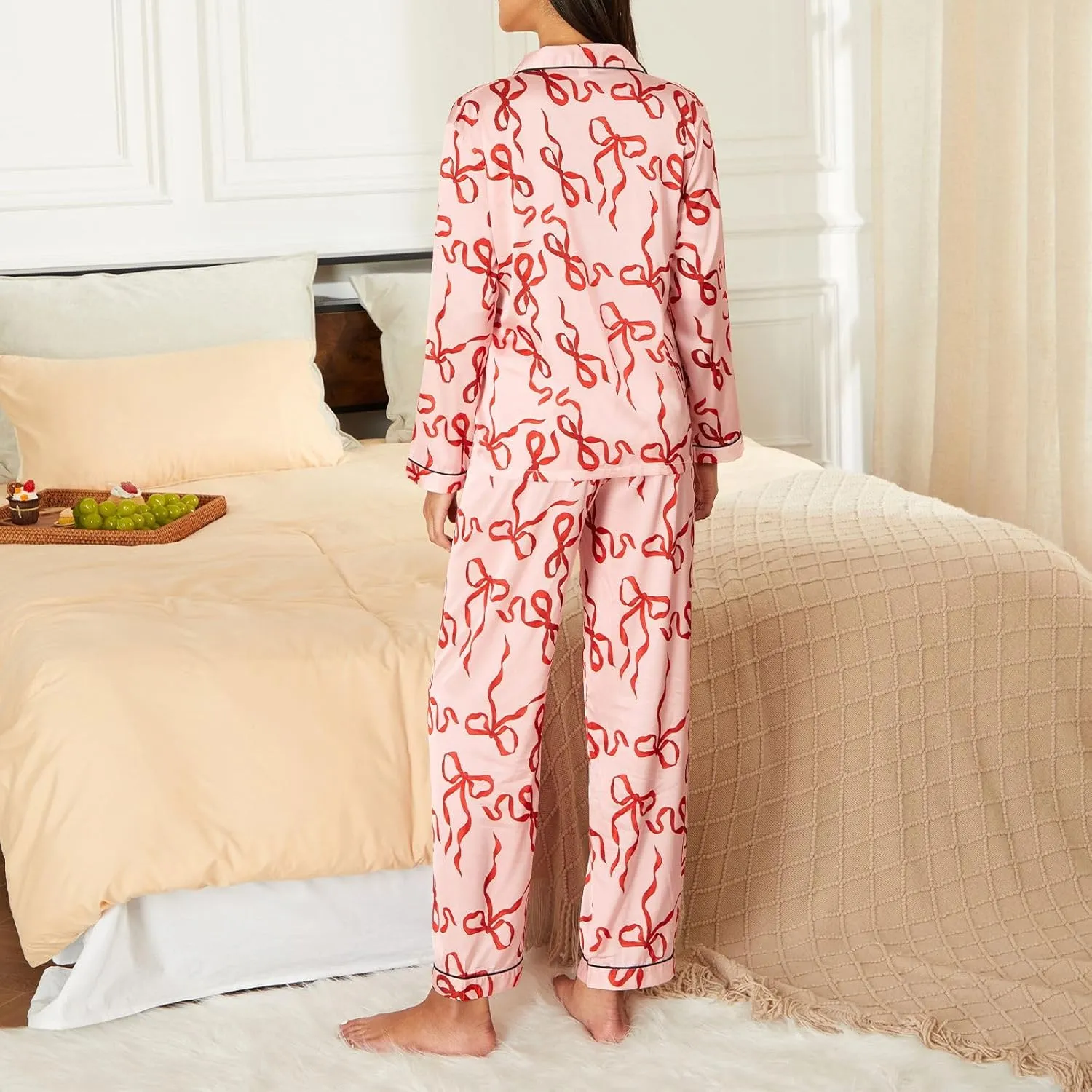 Bow Pajamas for Women Long Sleeve Button Down Shirt Wide Leg Pants Holiday Cute 2 Piece Silk Sleepwear Sets