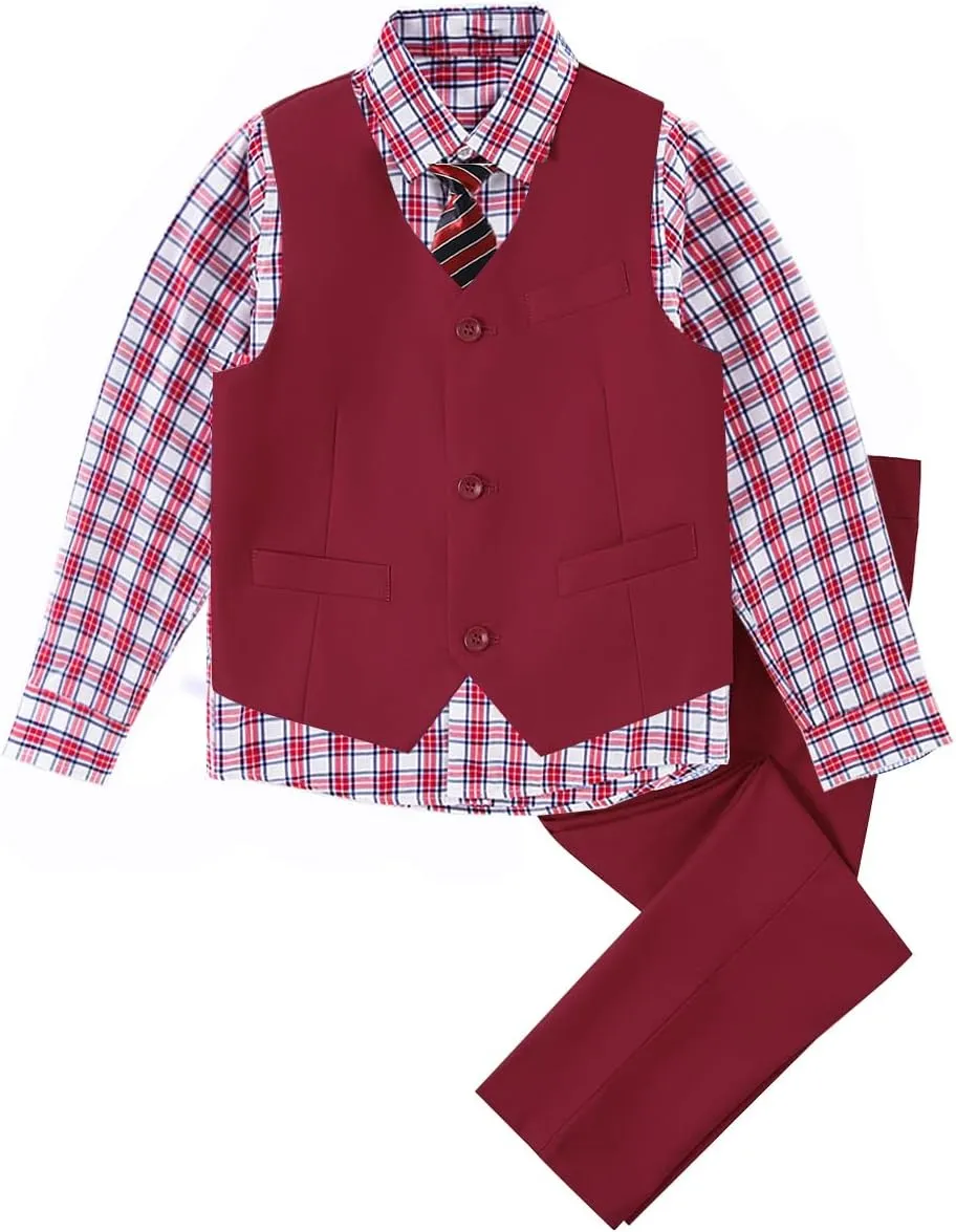 Boys 4-Pieces Suits Slim Fit Kids Outfits Vest Dress Pants Sets Formal Suit for Boy