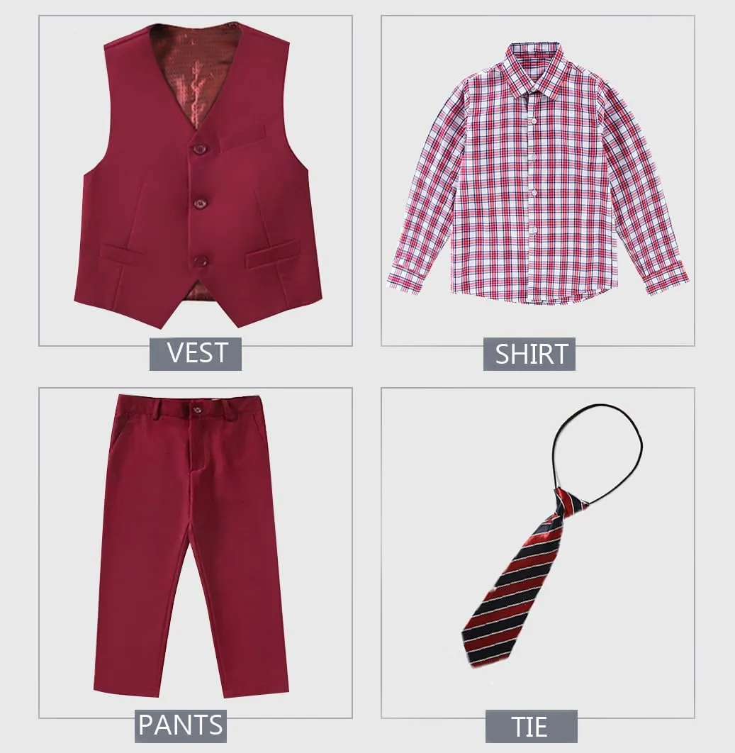 Boys 4-Pieces Suits Slim Fit Kids Outfits Vest Dress Pants Sets Formal Suit for Boy