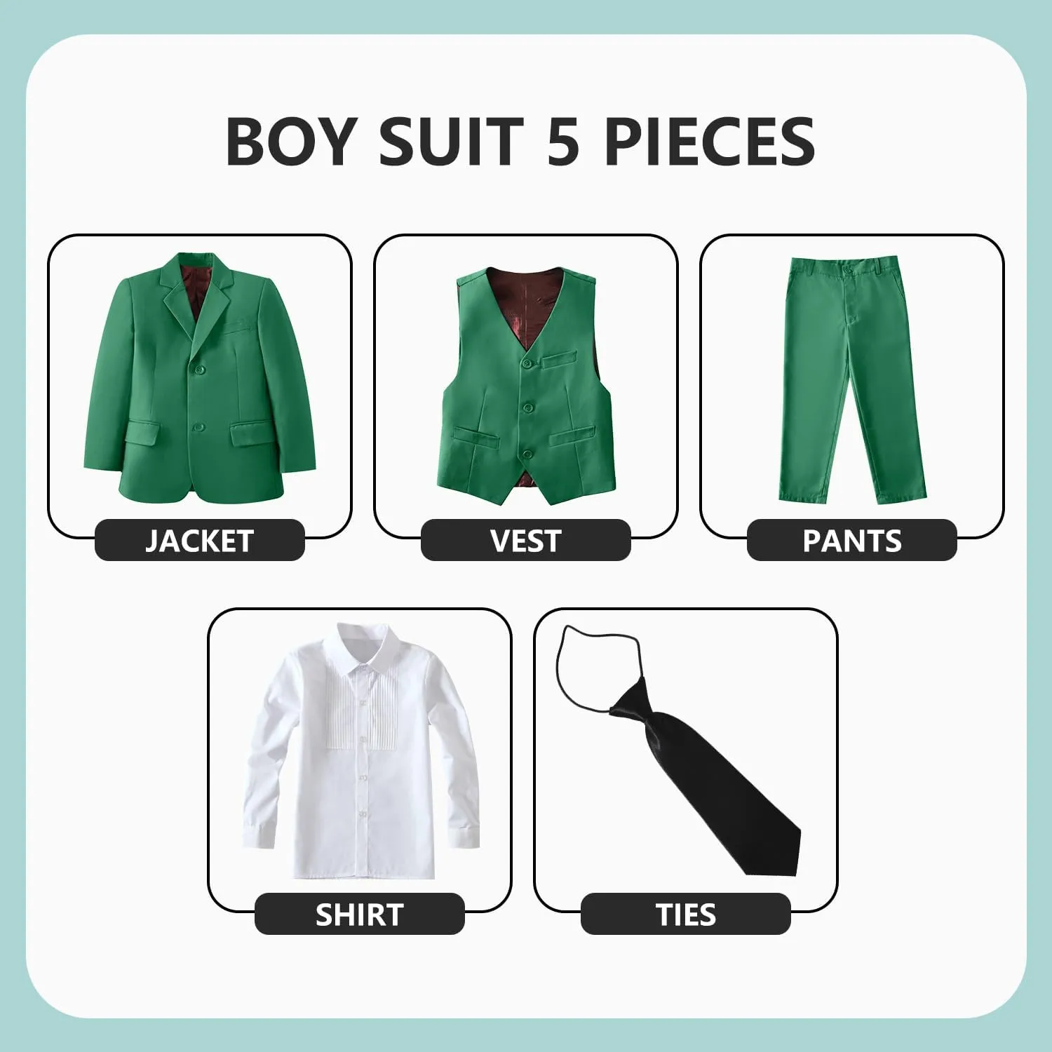 Boys' 5 Piece Formal Suit Set with Suit Jacket, Vest, Pants, Collared Dress Shirt, and Tie