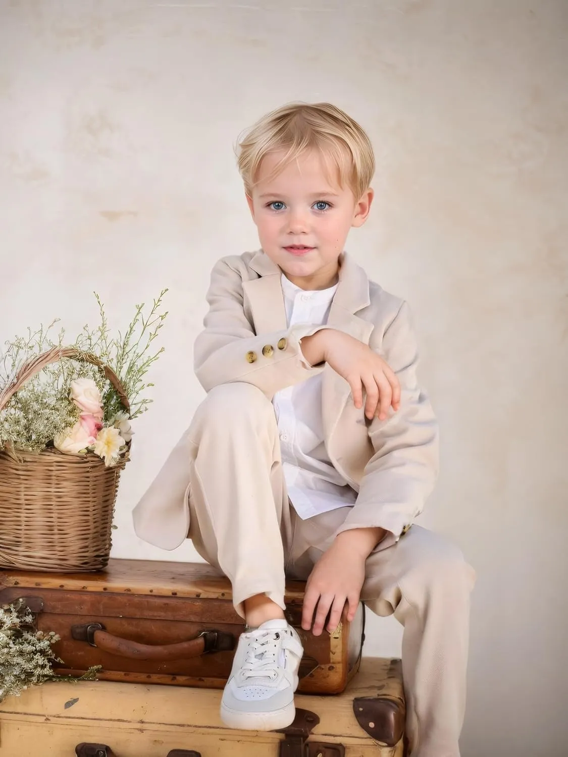 Boys' 5 Piece Formal Suit Set with Suit Jacket, Vest, Pants, Collared Dress Shirt, and Tie
