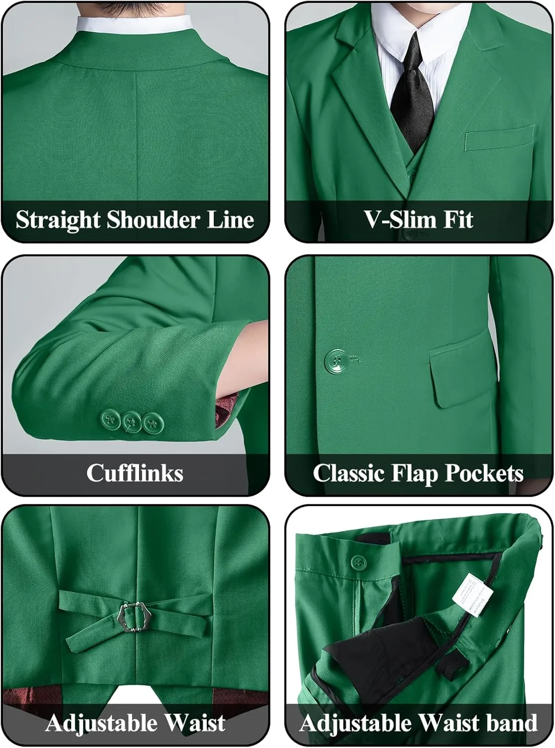 Boys' 5 Piece Formal Suit Set with Suit Jacket, Vest, Pants, Collared Dress Shirt, and Tie