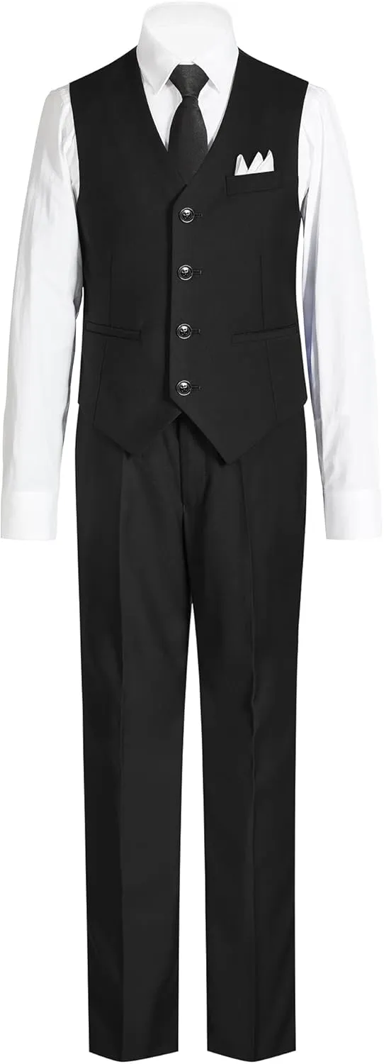 Boys' 6-Piece Formal Slim Fit Suit Set, Vest, Pants, Dress Shirt, Tie, Pocket Square, and Bow Tie