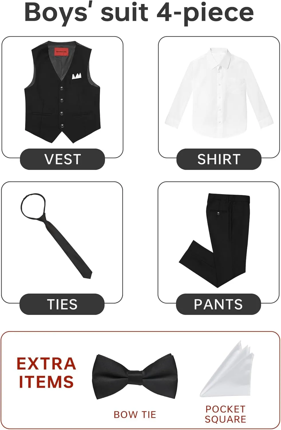 Boys' 6-Piece Formal Slim Fit Suit Set, Vest, Pants, Dress Shirt, Tie, Pocket Square, and Bow Tie