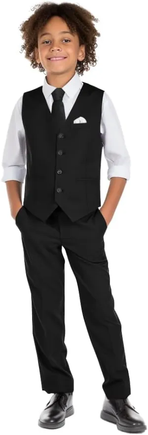 Boys' 6-Piece Formal Slim Fit Suit Set, Vest, Pants, Dress Shirt, Tie, Pocket Square, and Bow Tie