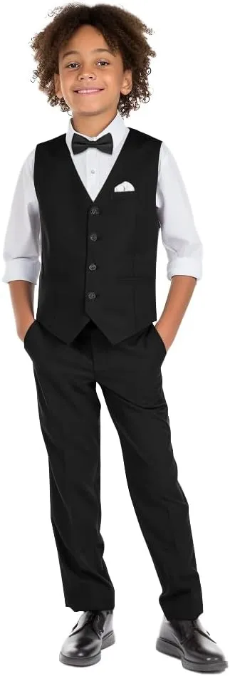 Boys' 6-Piece Formal Slim Fit Suit Set, Vest, Pants, Dress Shirt, Tie, Pocket Square, and Bow Tie