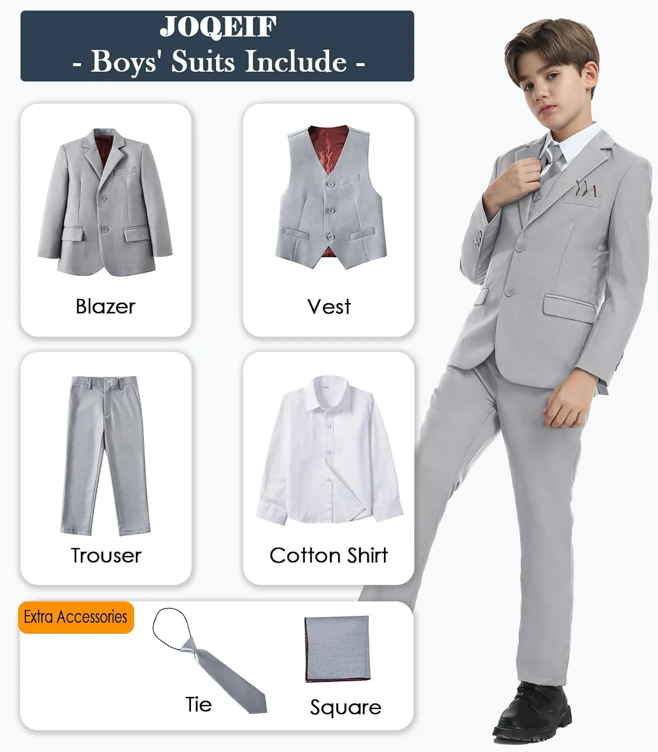 Boys Formal Suit Set with Dress Shirt Tie and Pocket Square, Adjustable Waist