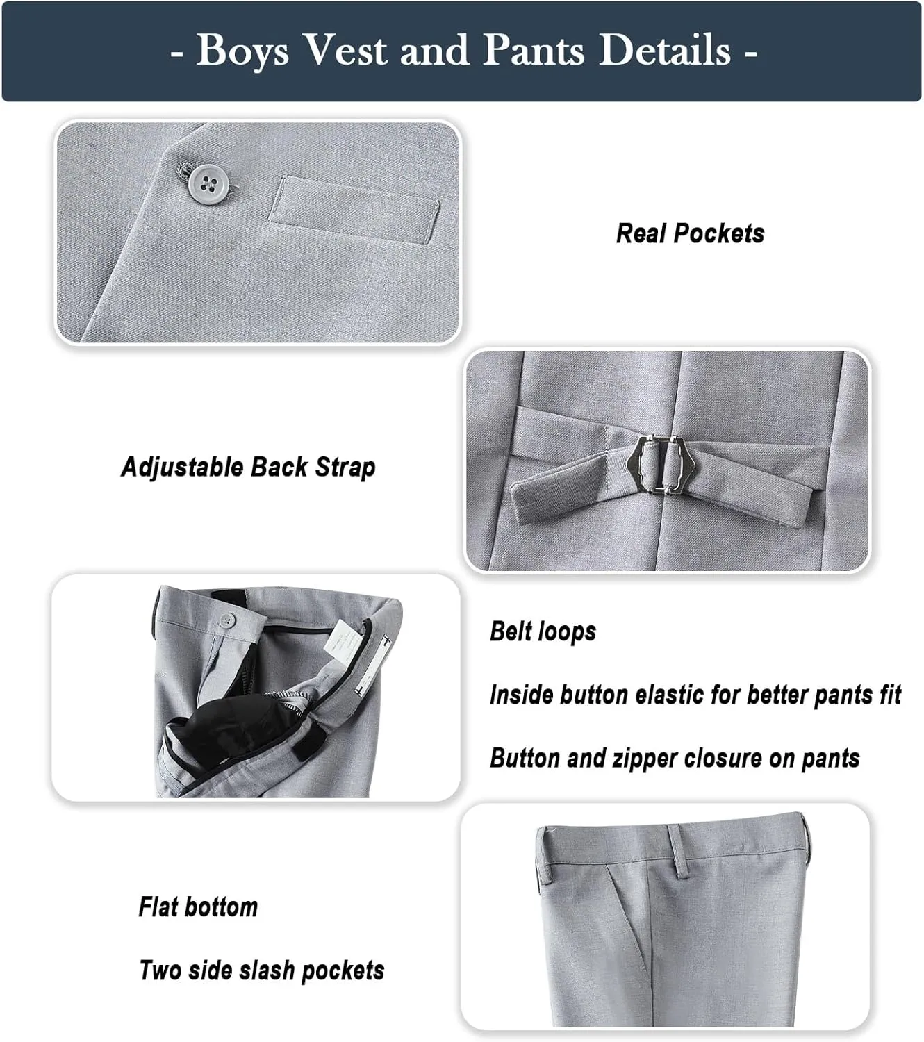Boys Formal Suit Set with Dress Shirt Tie and Pocket Square, Adjustable Waist