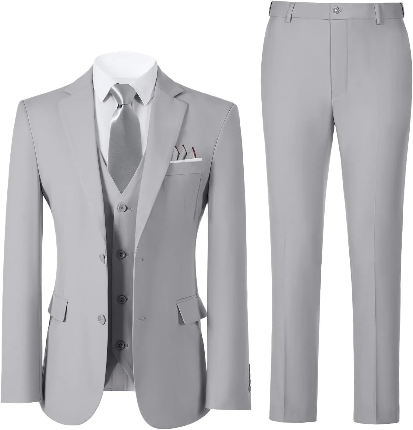 Boys Formal Suit Set with Dress Shirt Tie and Pocket Square, Adjustable Waist