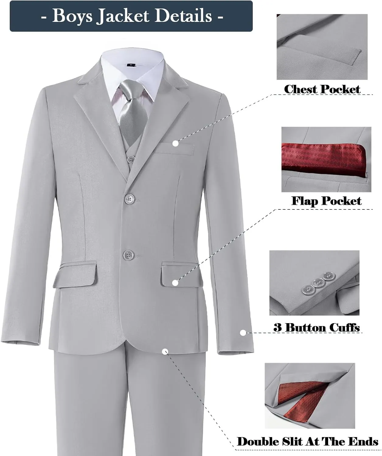Boys Formal Suit Set with Dress Shirt Tie and Pocket Square, Adjustable Waist