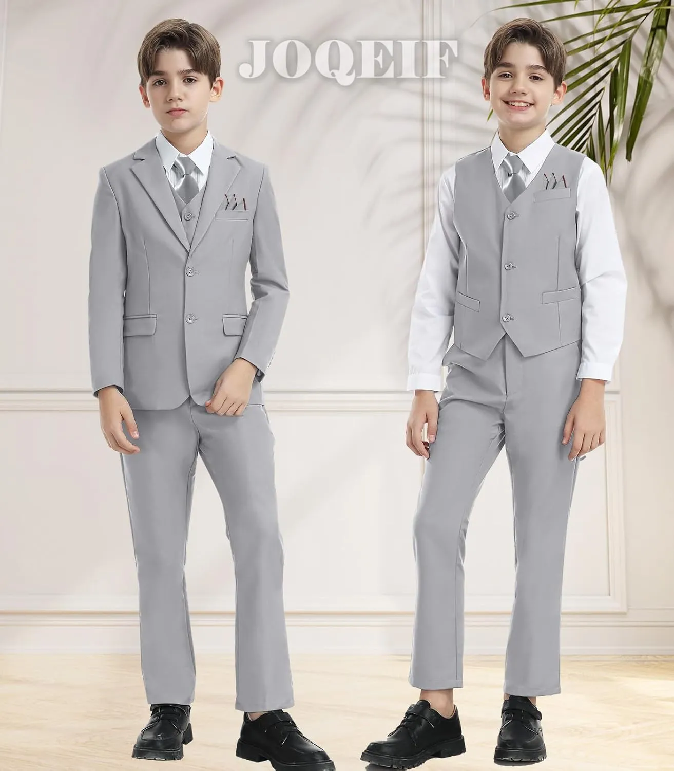 Boys Formal Suit Set with Dress Shirt Tie and Pocket Square, Adjustable Waist