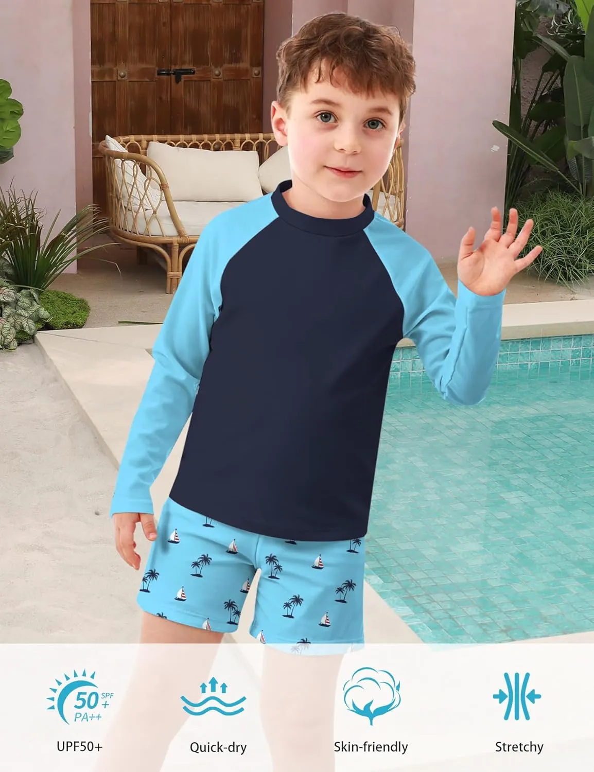 Boys Long Sleeve Rash Guard Swimsuit Kids 2-Pieces Bathing Suits Set