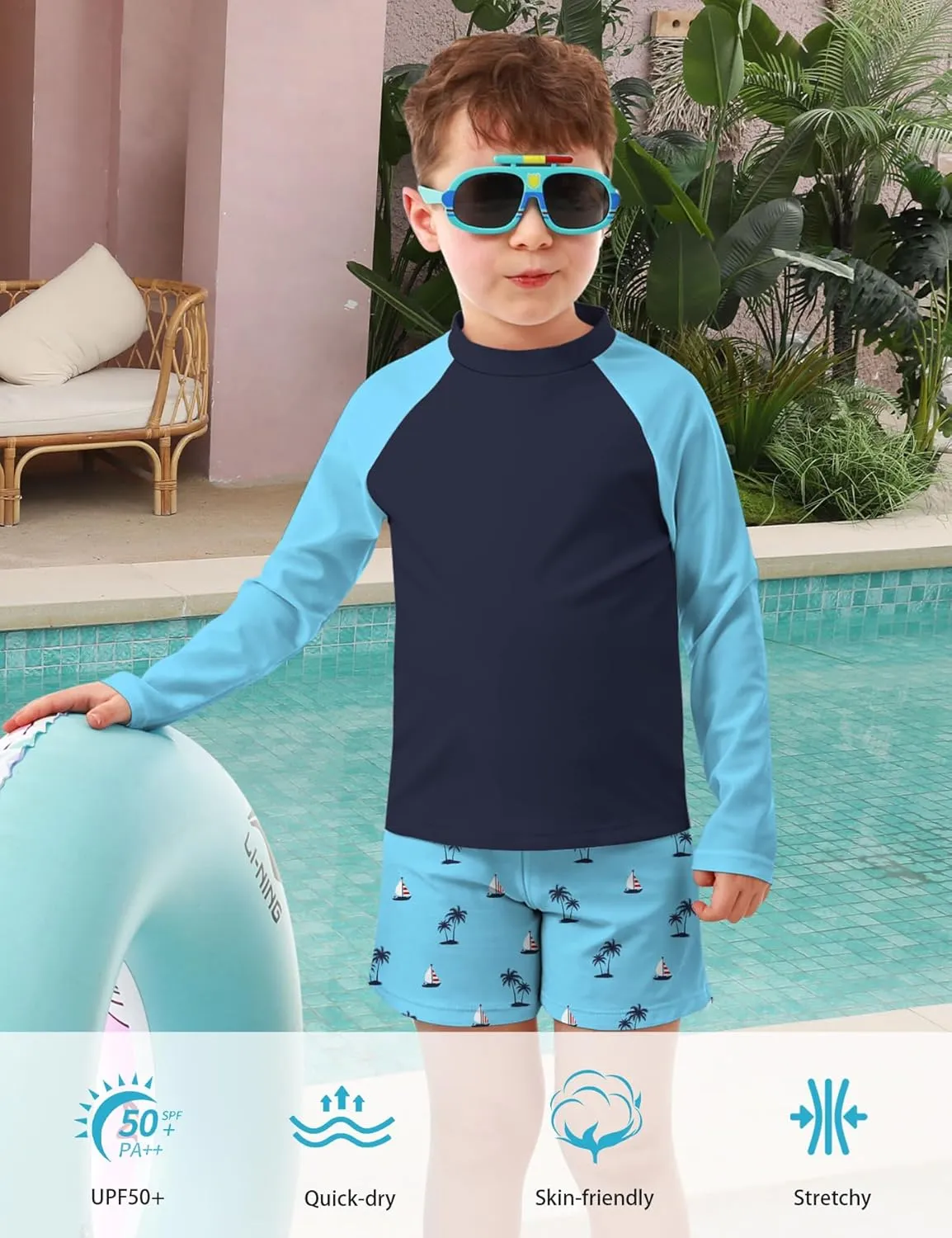 Boys Long Sleeve Rash Guard Swimsuit Kids 2-Pieces Bathing Suits Set