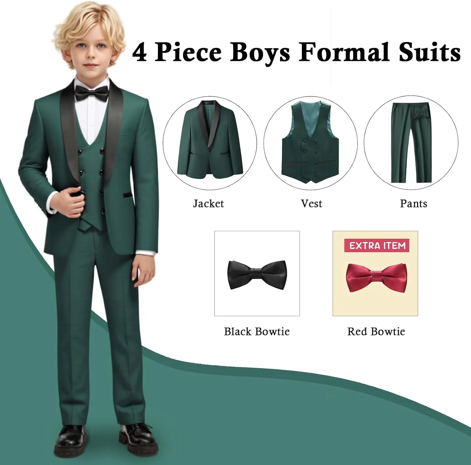 Boys Slim Fit Suits Formal Tuxedo 4 Piece Kids Dresswear Outfits with Vest Pants Jacket Bowtie Sets for Weddding