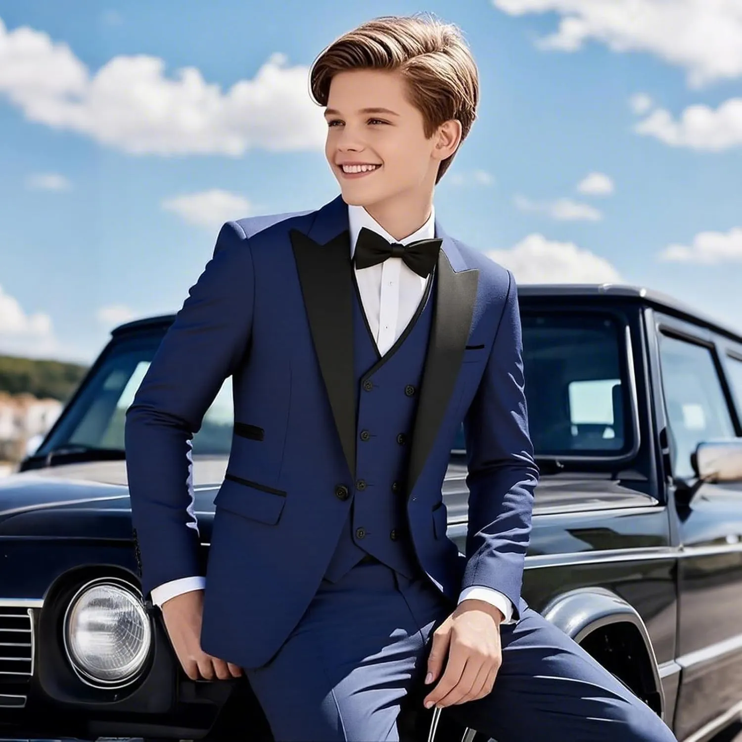 Boys Suit Set Slim Fit 4 Piece Formal Outfits Kids Suits Tuxedo Boys Vest Blazer Pants with Bow Tie for Wedding
