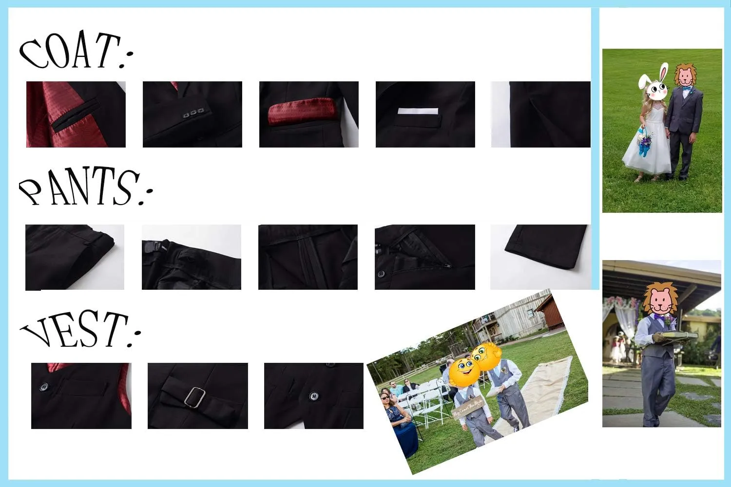 Boys Suits 5 Pieces Slim Fit Blazer Pants Black Blue Outfit Suit for Wedding