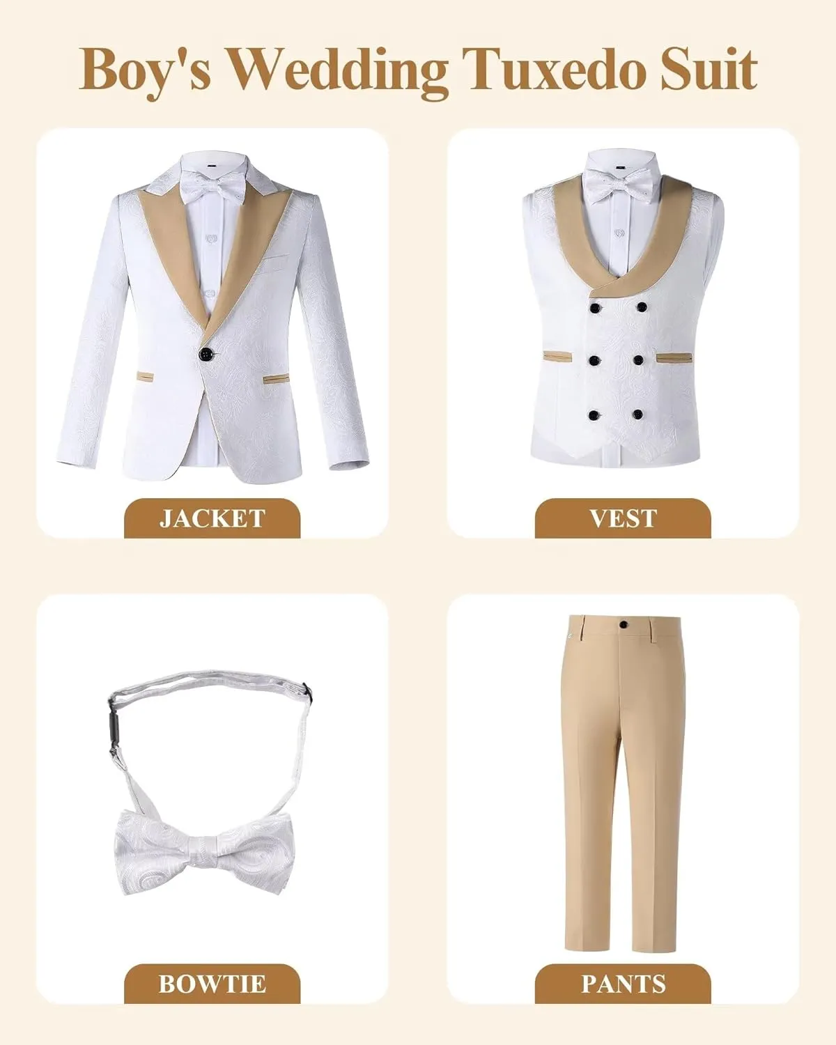 Boys Tuxedo Suit Jacquard Slim Fit 3 Piece Kids Tuxedo Suits for Boys Formal Wedding Suit Blazer Vest Pants