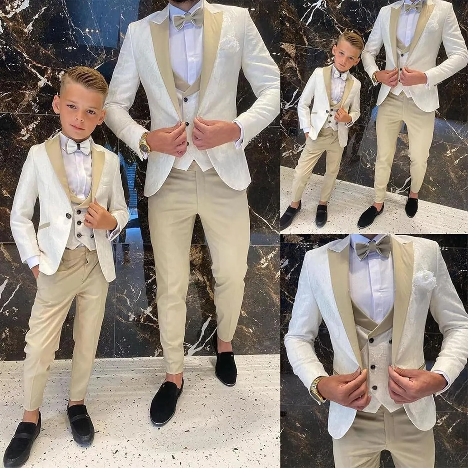 Boys Tuxedo Suit Jacquard Slim Fit 3 Piece Kids Tuxedo Suits for Boys Formal Wedding Suit Blazer Vest Pants