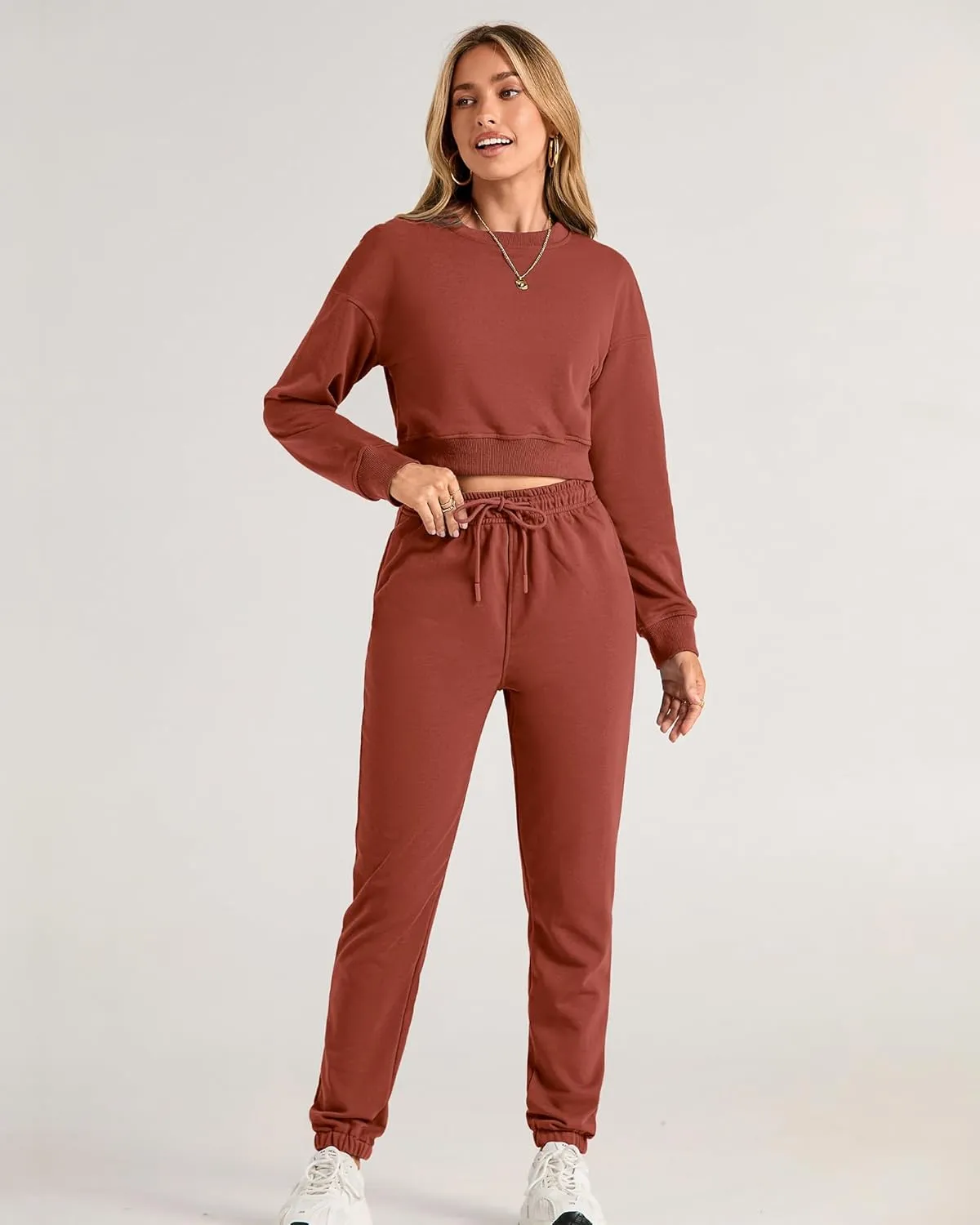BTFBM Women 2 Piece Outfits Long Sleeve Crop Top Pullover Drawstring Pant Jogger Set Casual Sweatsuits Tracksuit Pockets