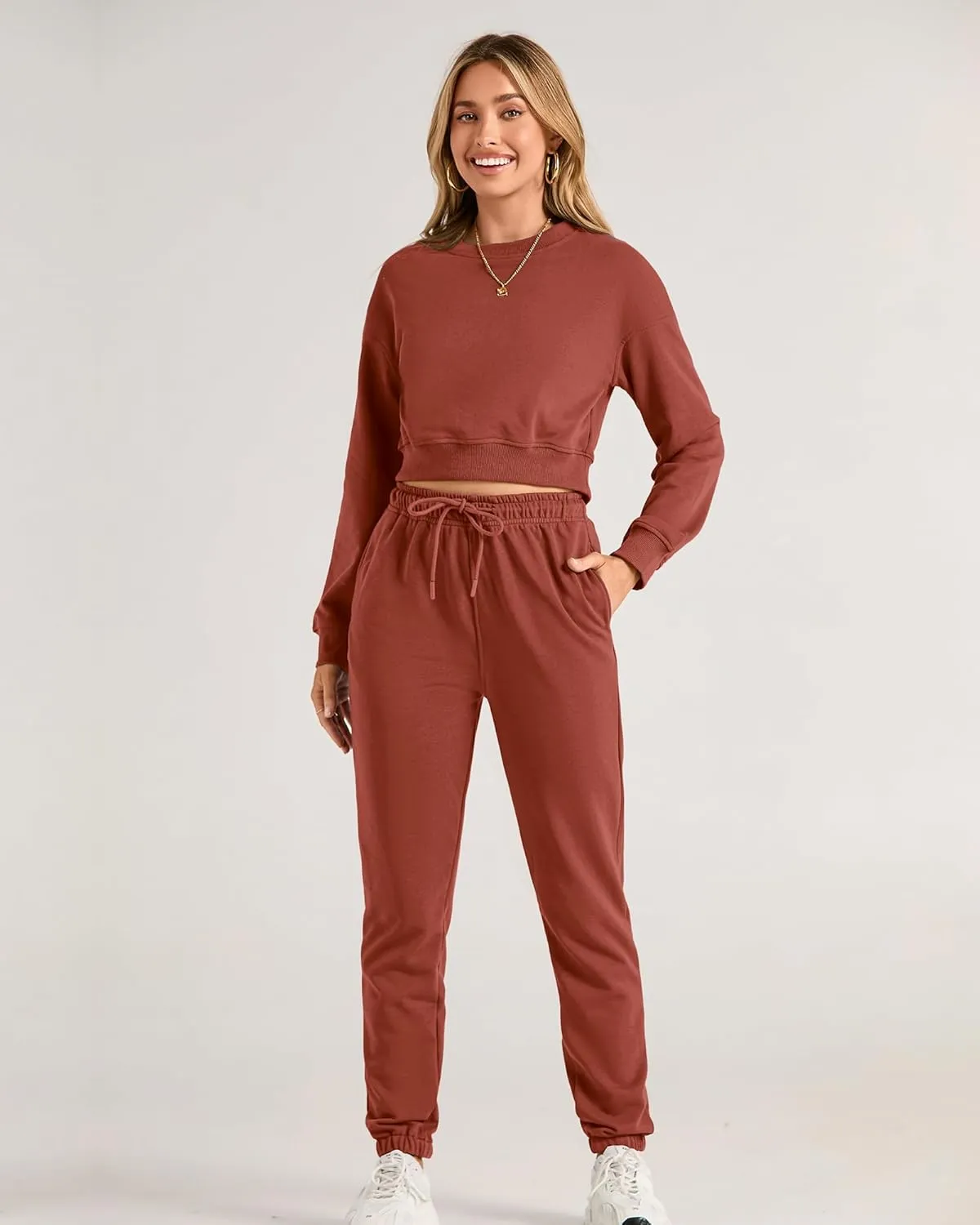 BTFBM Women 2 Piece Outfits Long Sleeve Crop Top Pullover Drawstring Pant Jogger Set Casual Sweatsuits Tracksuit Pockets