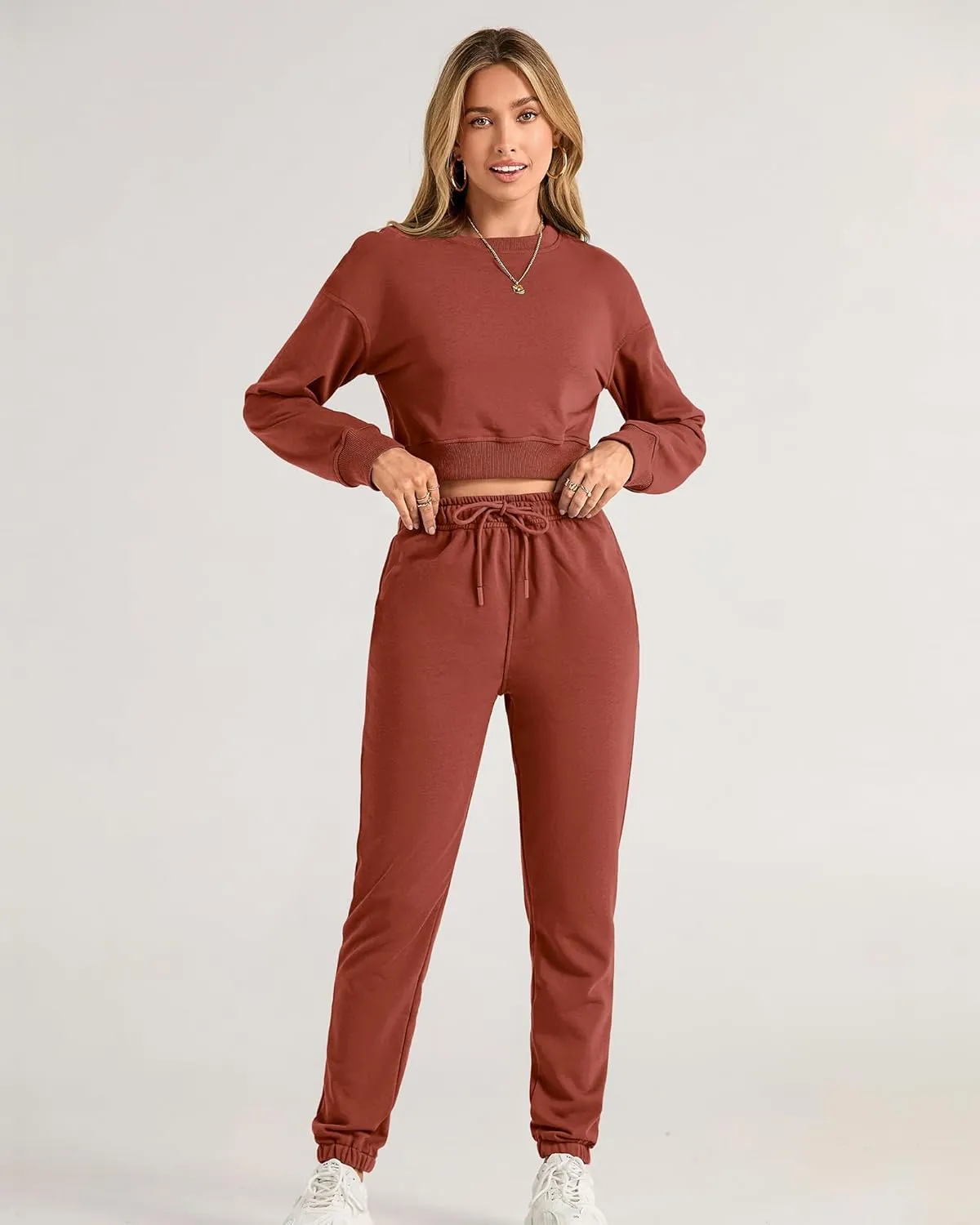 BTFBM Women 2 Piece Outfits Long Sleeve Crop Top Pullover Drawstring Pant Jogger Set Casual Sweatsuits Tracksuit Pockets