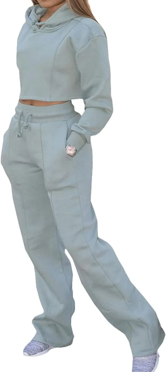 BZSFW Women Sweat Suits Set Loungewear 2 Piece Hooded Pullover Crop Top Sweatshirts Sweatpants