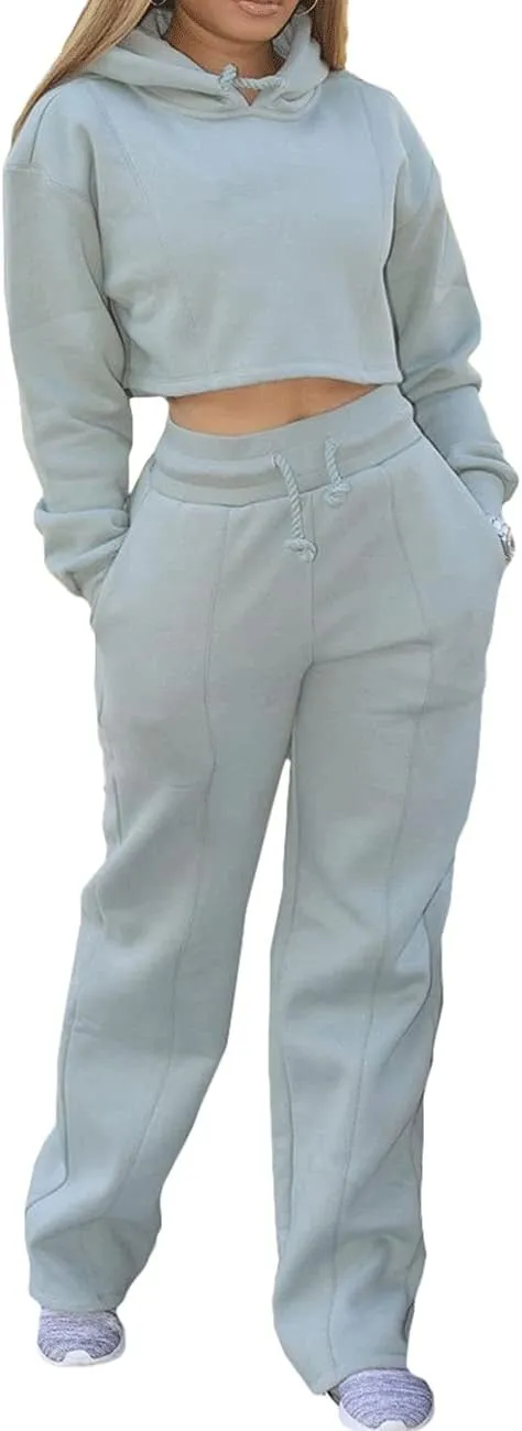 BZSFW Women Sweat Suits Set Loungewear 2 Piece Hooded Pullover Crop Top Sweatshirts Sweatpants