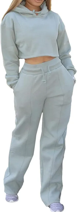 BZSFW Women Sweat Suits Set Loungewear 2 Piece Hooded Pullover Crop Top Sweatshirts Sweatpants