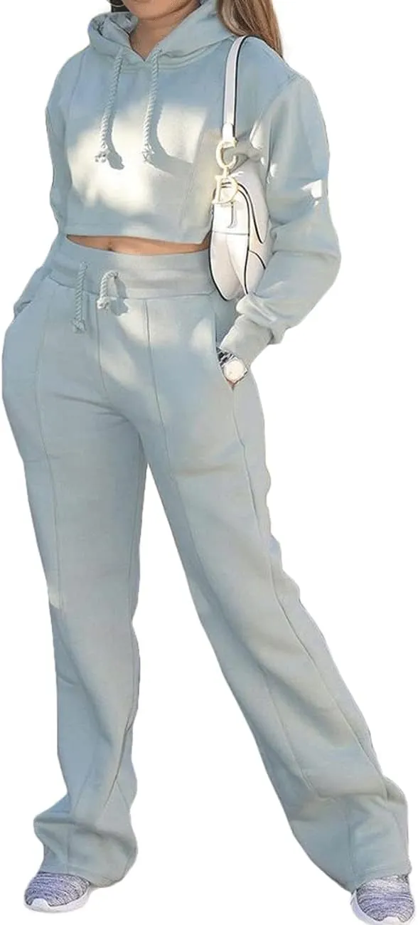 BZSFW Women Sweat Suits Set Loungewear 2 Piece Hooded Pullover Crop Top Sweatshirts Sweatpants