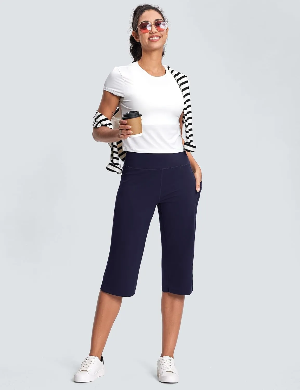 Capri Pants for Women High Waist with Pockets Tummy Control Capri Workout Yoga Pants Loose Straight Leg