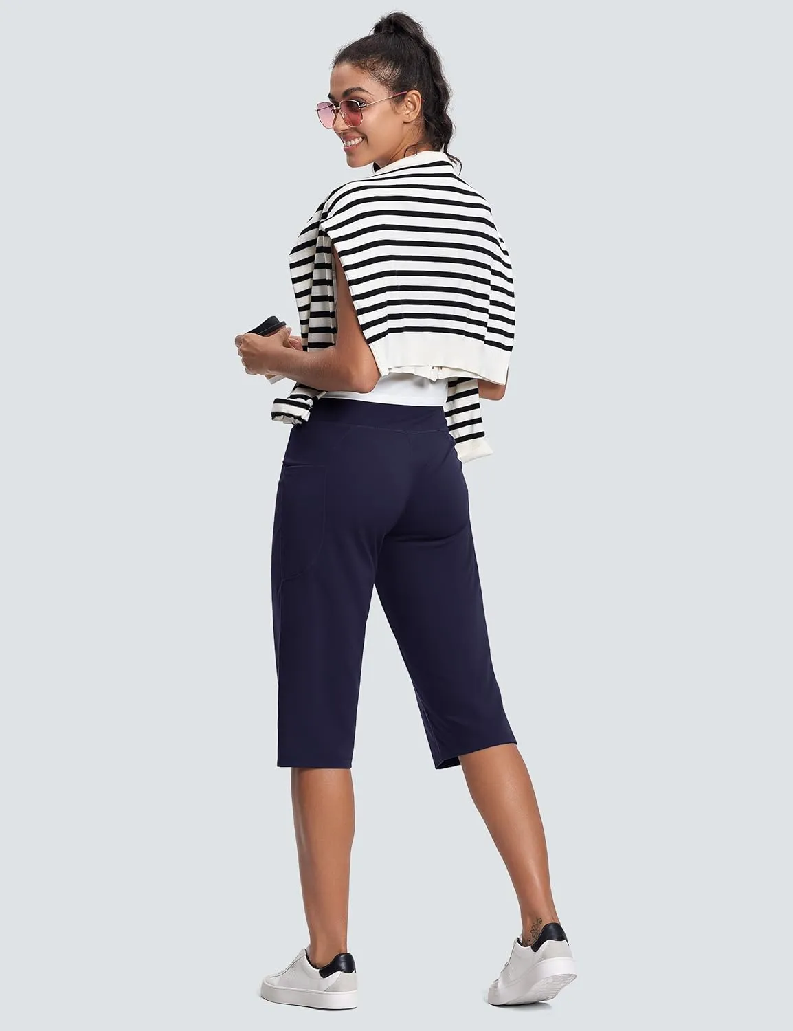 Capri Pants for Women High Waist with Pockets Tummy Control Capri Workout Yoga Pants Loose Straight Leg