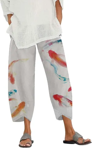 Capris Linen Pants for Women Ocean Japanese Art Printed Baggy Cropped Wide Leg Pallazzo Trousers Pants for Beach