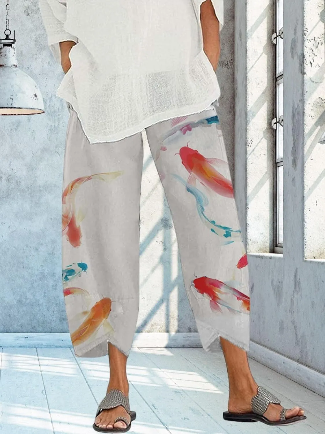 Capris Linen Pants for Women Ocean Japanese Art Printed Baggy Cropped Wide Leg Pallazzo Trousers Pants for Beach