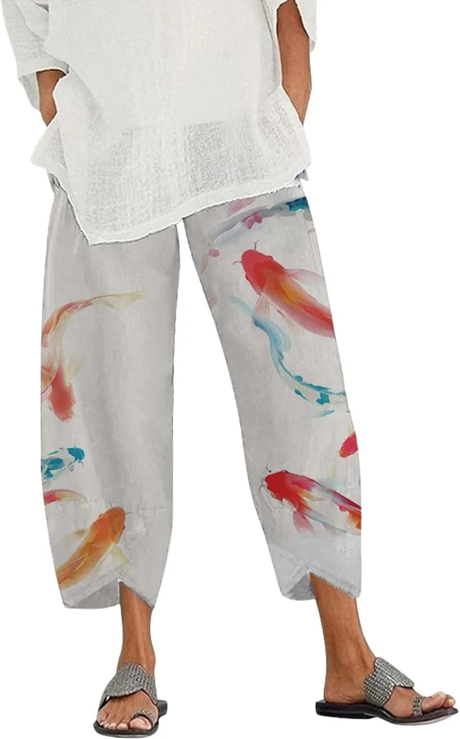 Capris Linen Pants for Women Ocean Japanese Art Printed Baggy Cropped Wide Leg Pallazzo Trousers Pants for Beach