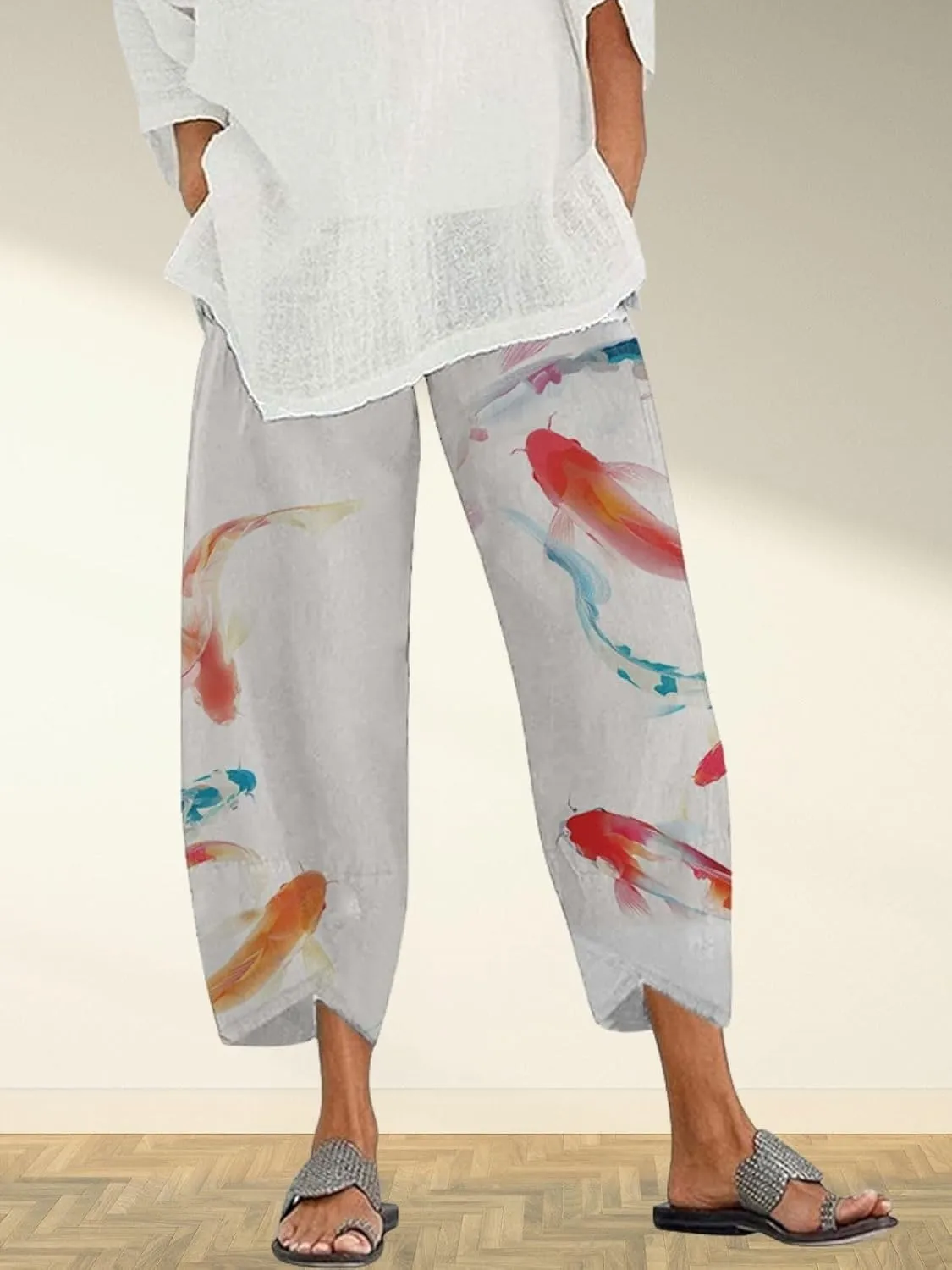 Capris Linen Pants for Women Ocean Japanese Art Printed Baggy Cropped Wide Leg Pallazzo Trousers Pants for Beach