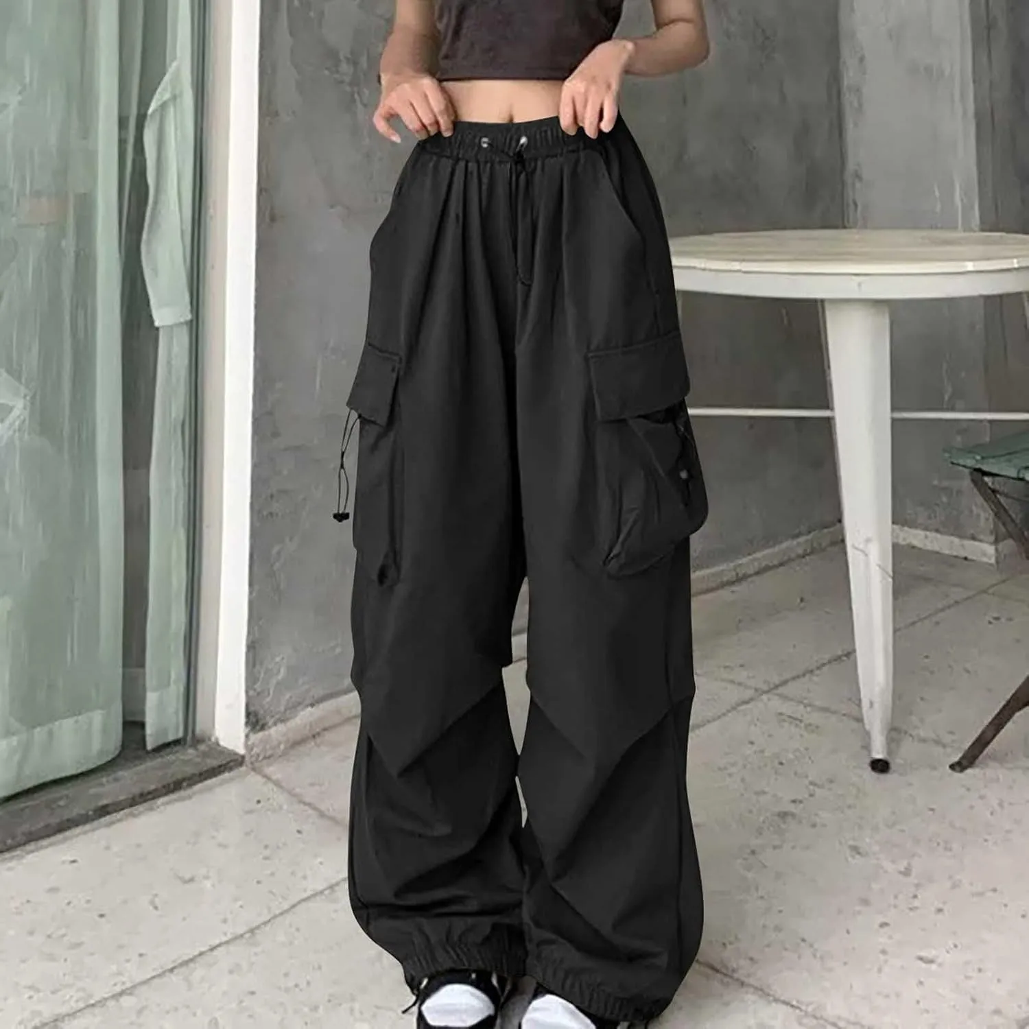 Cargo Pants Women High Waist Wide Leg Casual Pants with Pockets Stretchy Drawstring Baggy Fashion Y2k Hiking Trousers