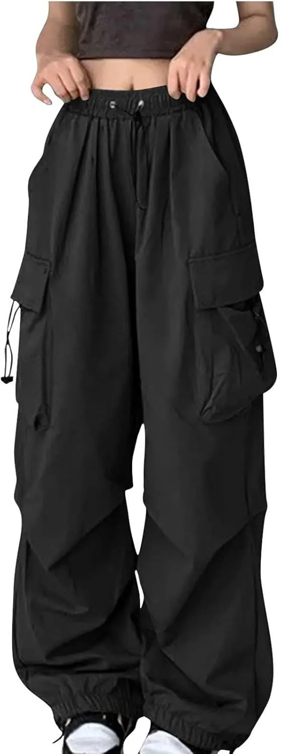 Cargo Pants Women High Waist Wide Leg Casual Pants with Pockets Stretchy Drawstring Baggy Fashion Y2k Hiking Trousers