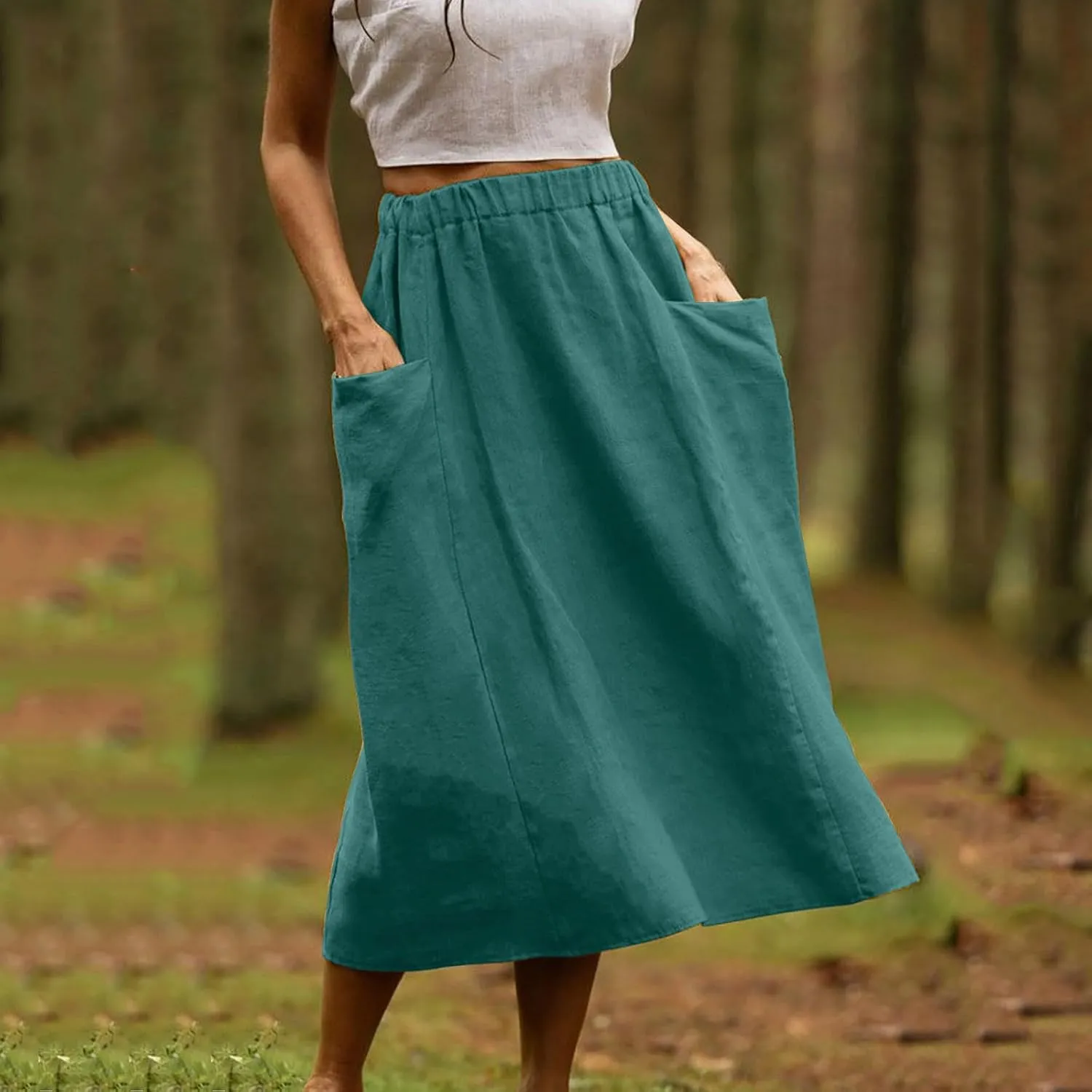 Casual A Line Midi Skirts for Women Elastic High Waisted Swing Flared Skirt Vintage Pleated Summer Dress